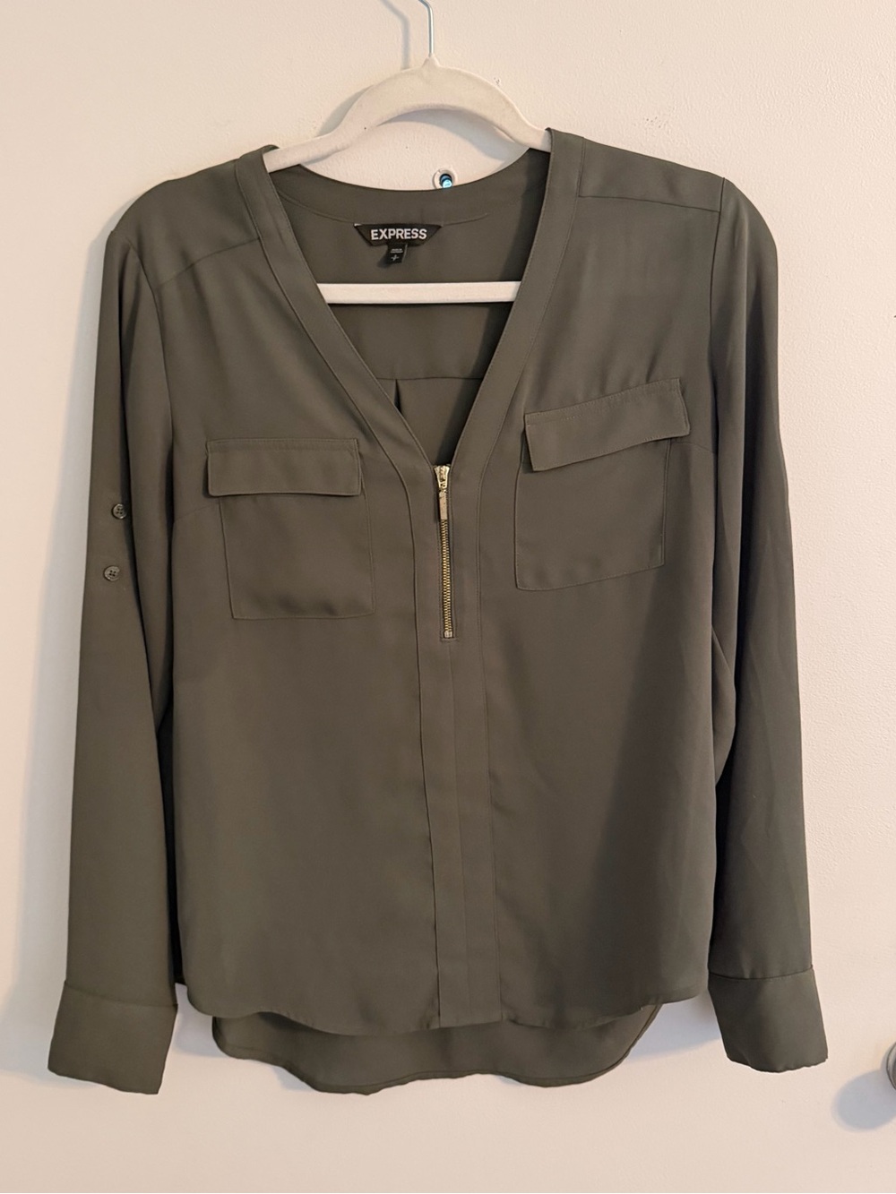 Express Olive Green Zip-Pocket V-Neck Blouse
